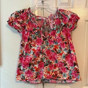 Buddy Love Pink and Red Puff Sleeve Ruffled Blouse